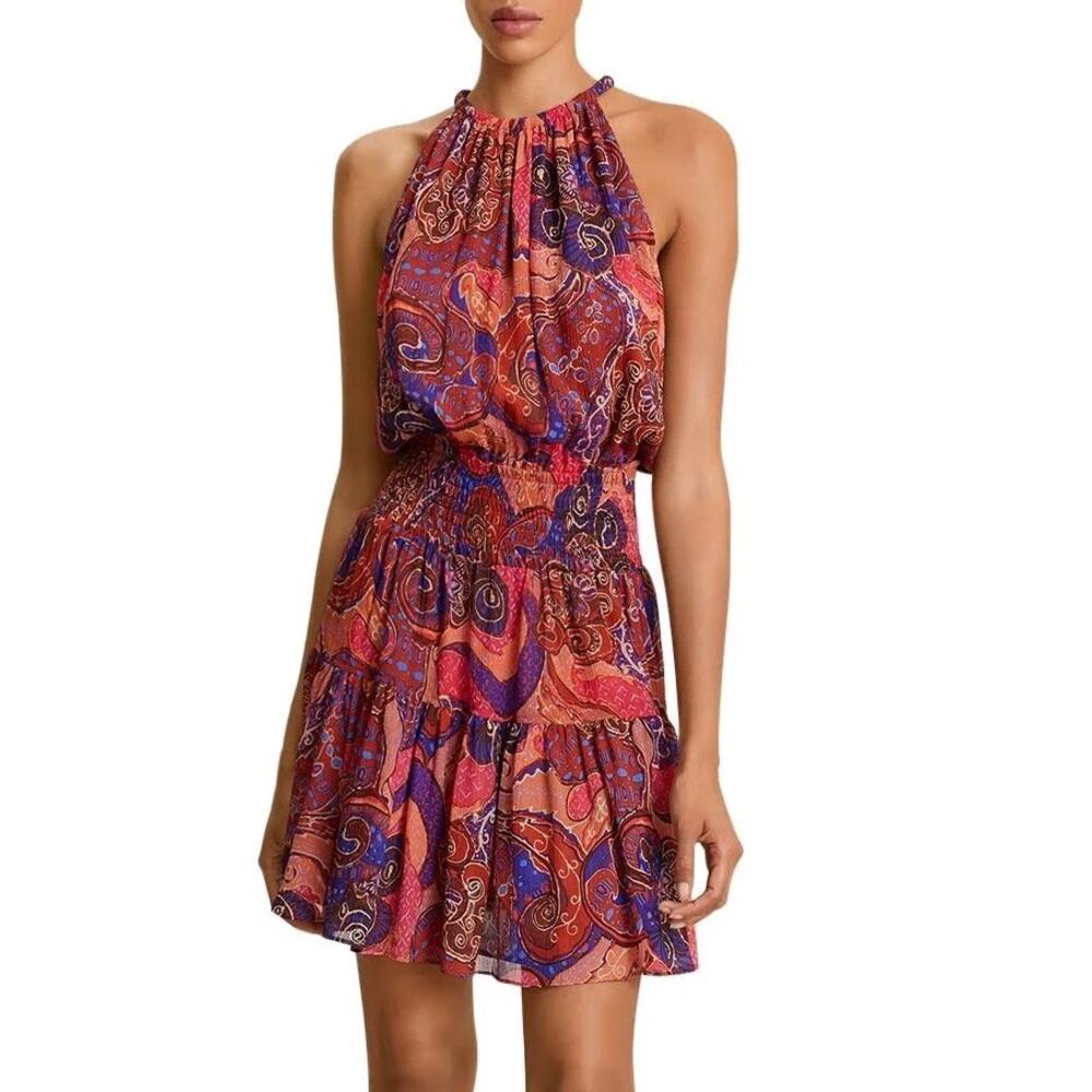 ALC Cory Dress 8 Terracotta Paisley Silk High Neck Smocked Waist Tiered Mini - Picture 3 of 15